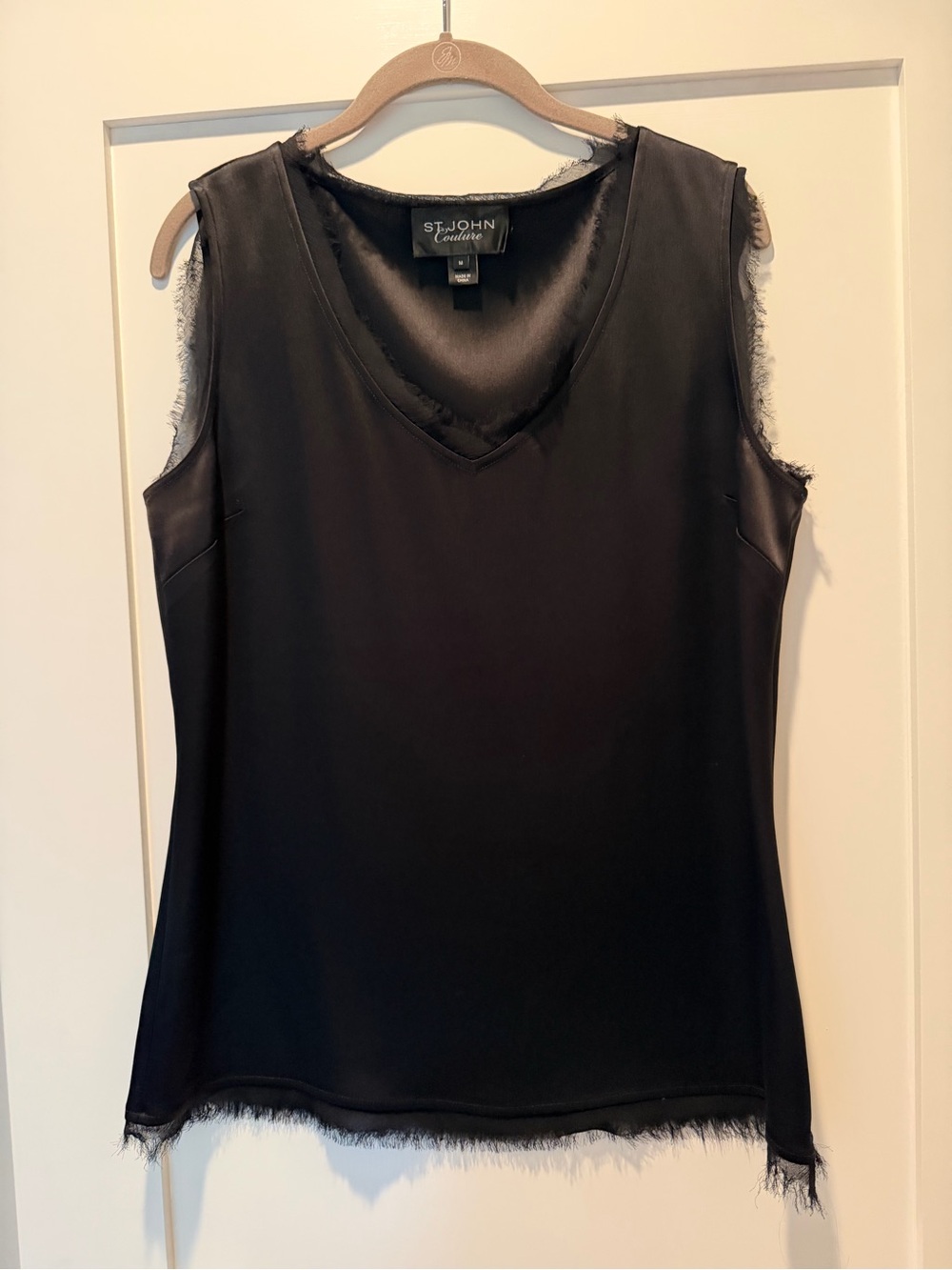 St. John Couture Black Satin V-Neck Frayed-Edge Camisole